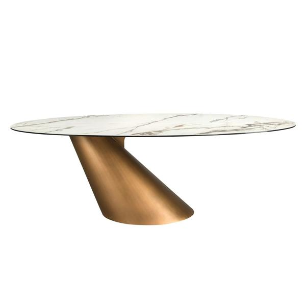 Angel Cerdá Oval dining table with porcelain marble and bronze-coloured steel barrel 1160