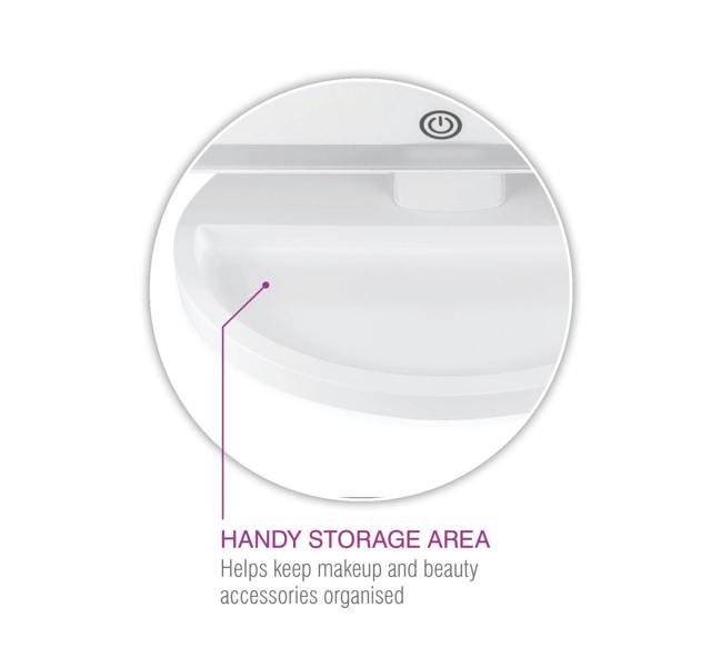 close up of base of Full size LED make up mirror with built in storage compartment