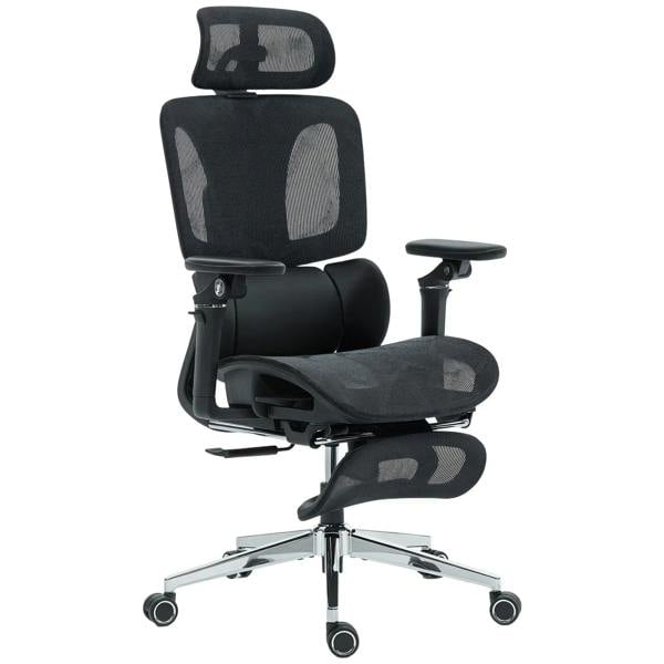 Black ergonomic office chair with high back mesh, armrests, and wheeled swivel base