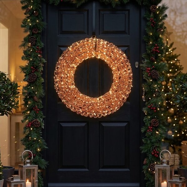 Garden Greatness Large Rose Gold Festive Metallic Looped LED Wreath