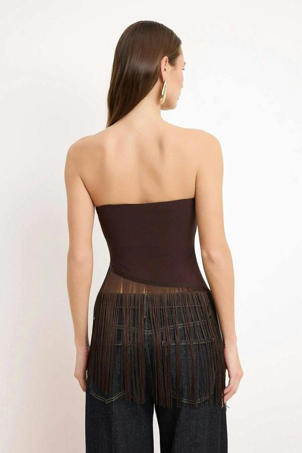 Strapless Fitted Tassel Detail Blouse