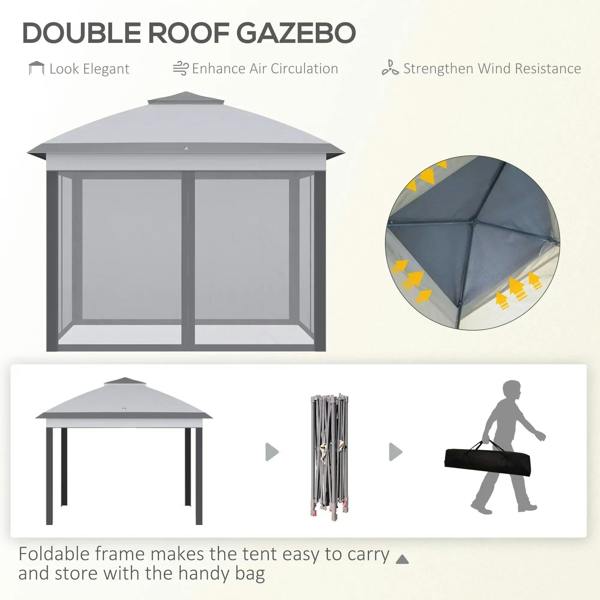 Grey double-roof pop-up gazebo with mesh sidewalls, open framed view