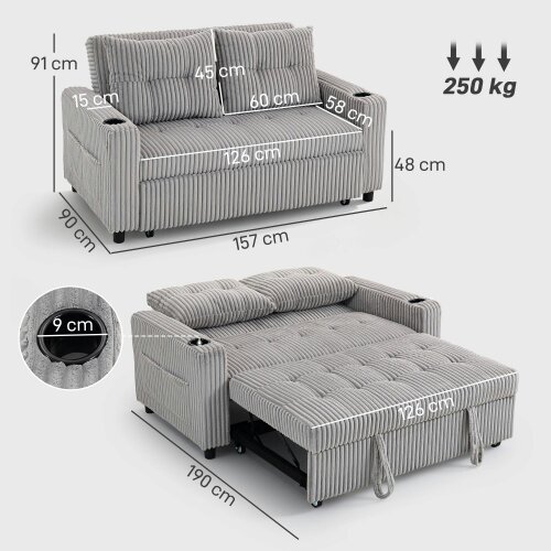 Wyld Haus Lore Light Grey Corduroy 2 Seater Click Clack Sofa Bed