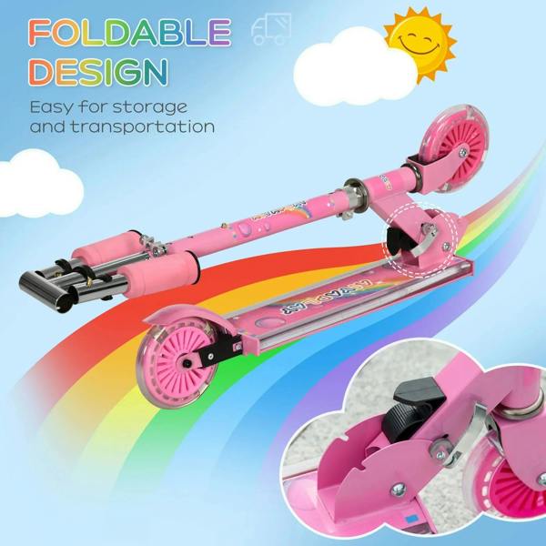 Foldable pink kids scooter with rear wheel brake and thick foam grips