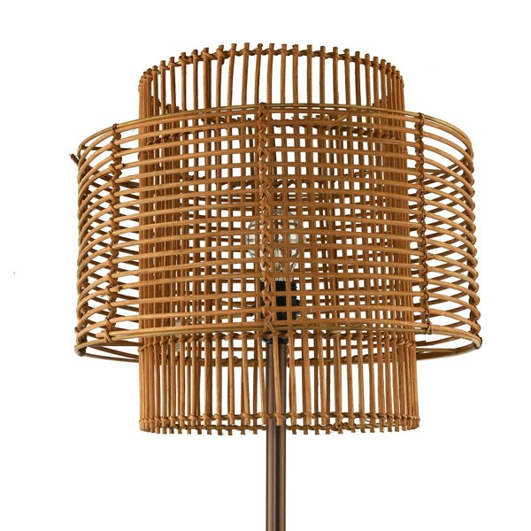 Unique Vintage Metallic Brown Floor Lamp with Natural Rattan Double Round Shades Image 3