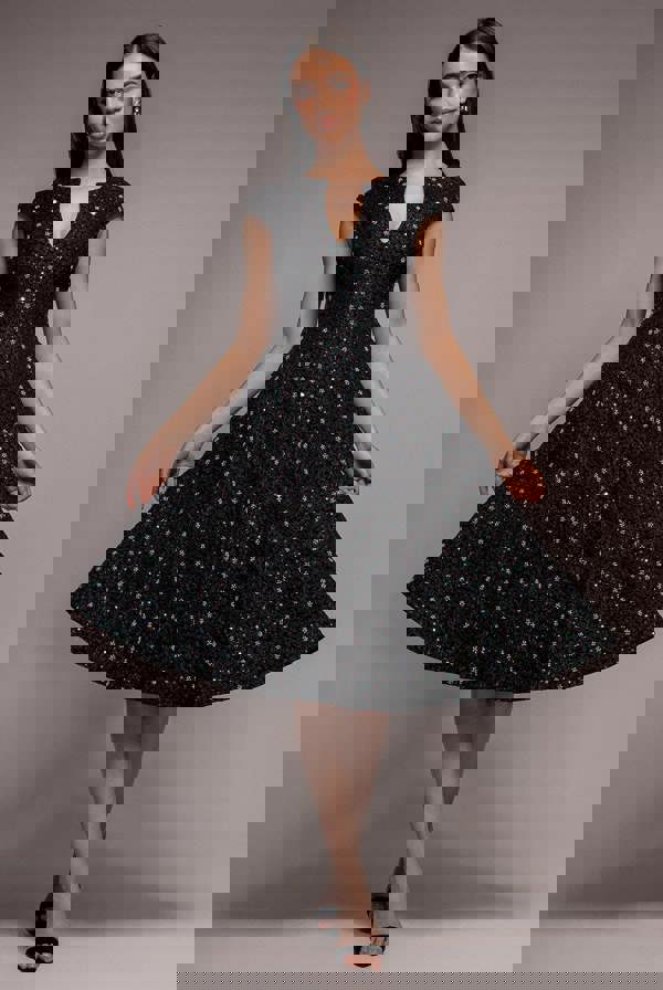 Bead Embellished Jacquard A Line Midi Dress - Black DR4795