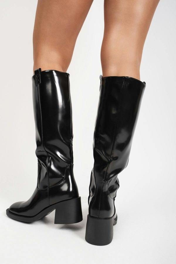 Verira Patent Knee High Block Heel Boots - Black