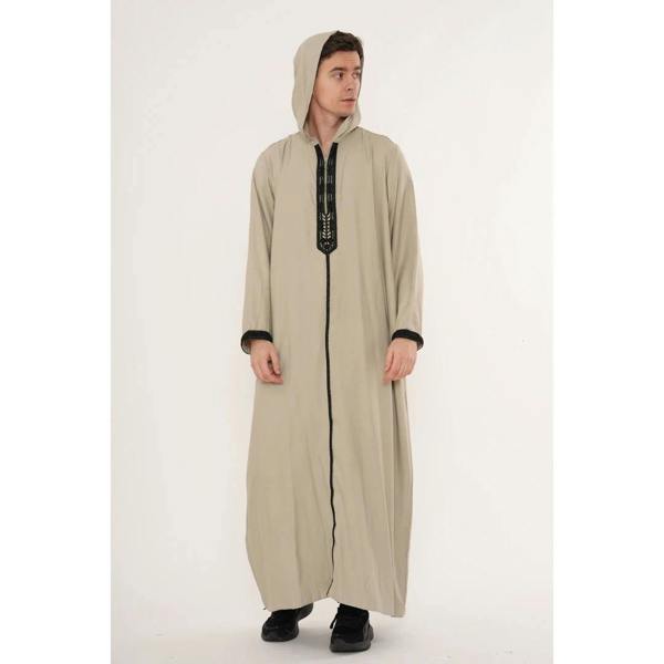 Men's Hooded Gandoura Embroidery Moroccan Thobe - Grey - Thobez - 18