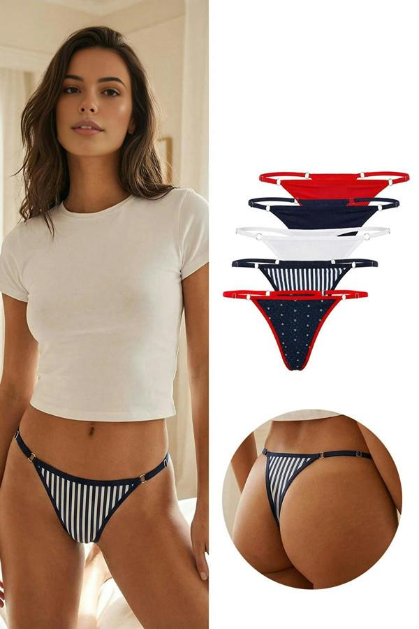 WOVCOR 5-Pack Adjustable Waist Cotton Thong Knitted Panties