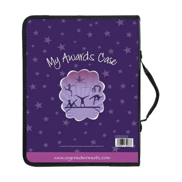 Purple gymnastics awards case with stars, athlete silhouettes, black trim, proud moments design