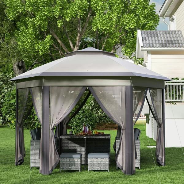 Beige hexagon gazebo with mesh curtains draped at the sides and double roof