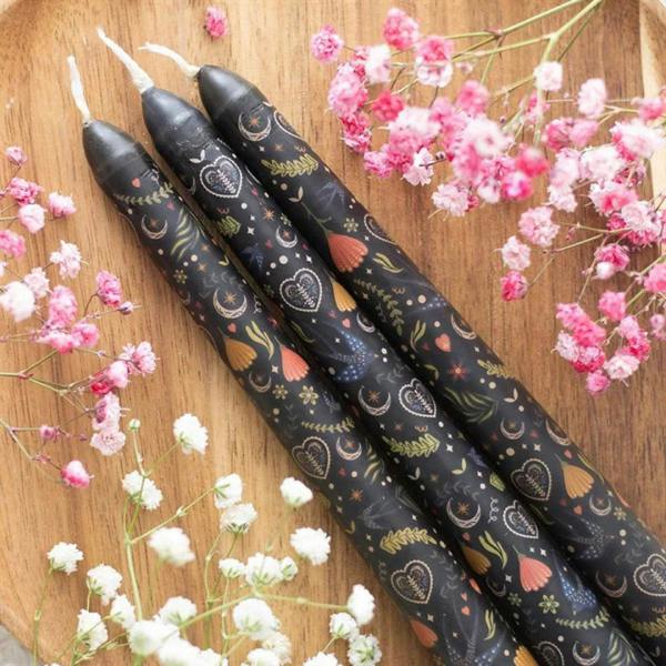 Set of 3 black taper candles with gold, heart, moon and tree motif