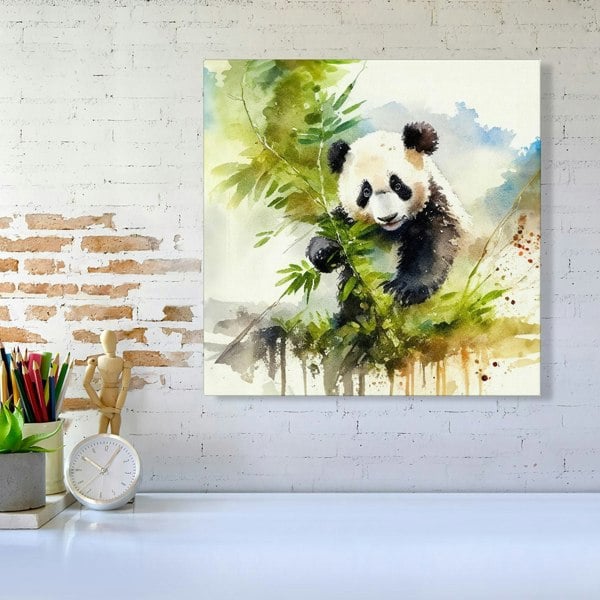 Warren Reed Panda Eating Bamboo Watercolour Canvas