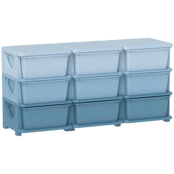 Blue kids storage unit with nine rectangular drawers and open front view