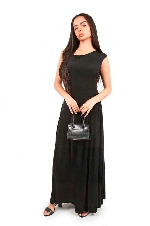Tylah Short Sleeve Pleated Relaxed Maxi Dress - Black_wb