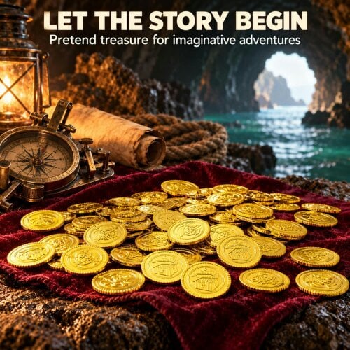 Shatchi 3.5cm Gold Pirate Coins 100 Pack Novelty Plastic Treasure Props for Party Displays