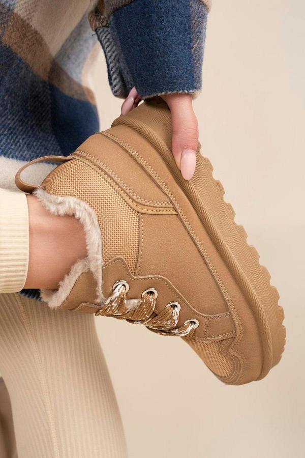 Leiza Chunky Lace Up Faux Fur Trainers - Camel