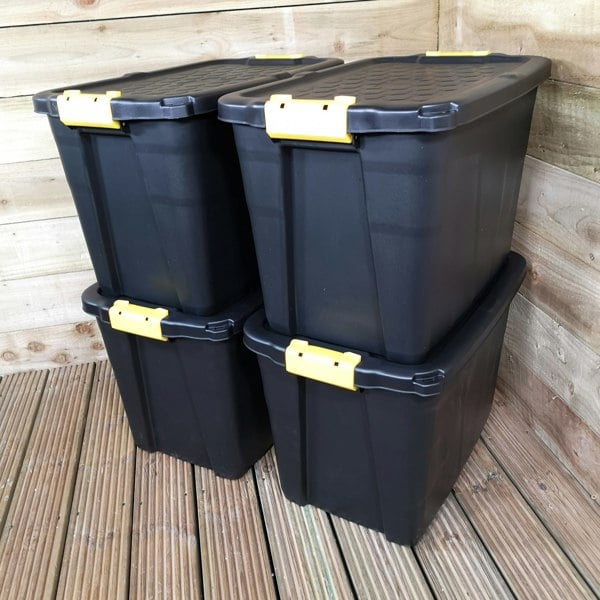 Samuel Alexander 4 x 60L Heavy Duty Storage Tubs Sturdy, Lockable, Stackable and Nestable Design Storage Chests with Clips in Black