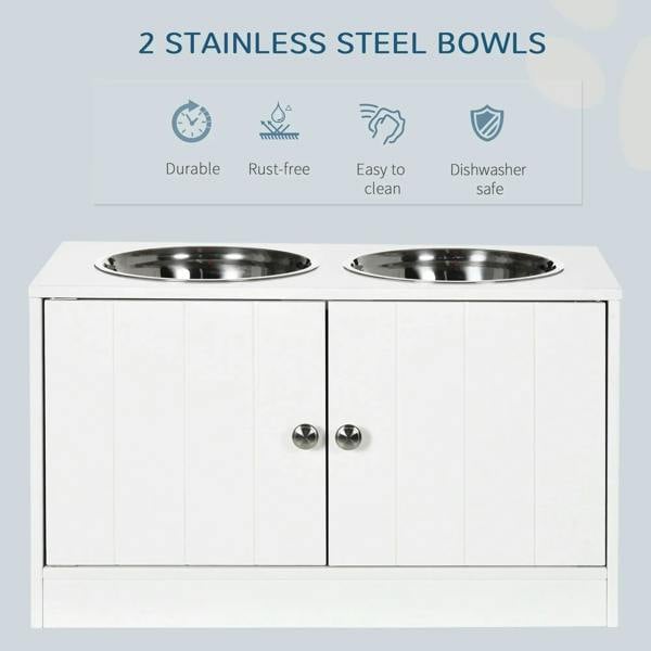 White raised pet feeder top view with two stainless steel bowls
