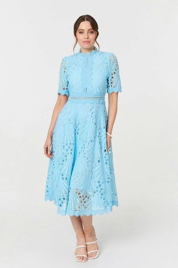 Blue | Floral Lace Cut Out Frilled Trim Midi Dress