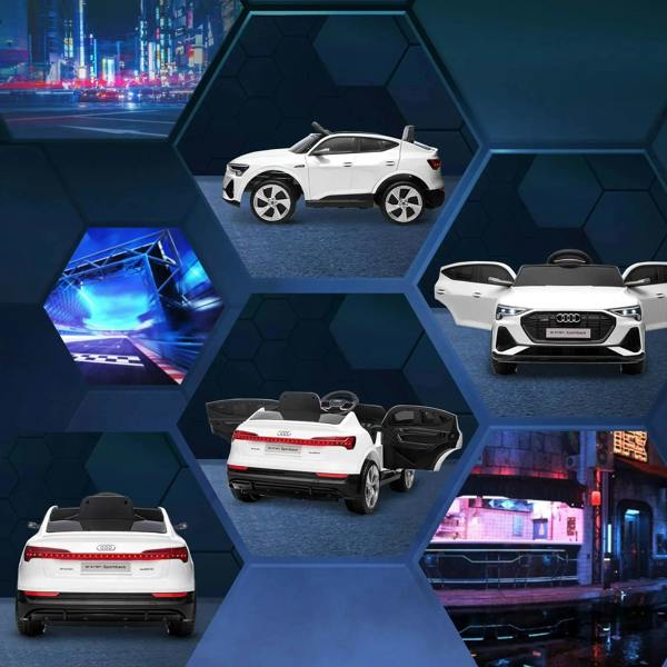 White kids electric ride-on car shown from multiple angles, including rear and open seat