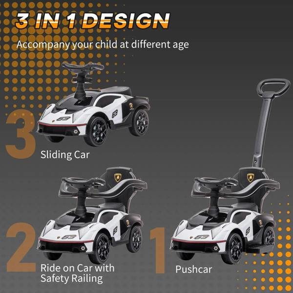 White and black ride-on push car with steering wheel and curved parent handle