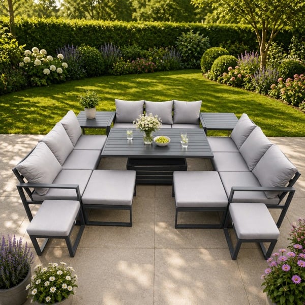 Fimous 13 Seater Aluminum Outdoor Patio Furniture Set with Adjustable Rising Dining Table, 4 Footstools, 2 Side Tables - Grey