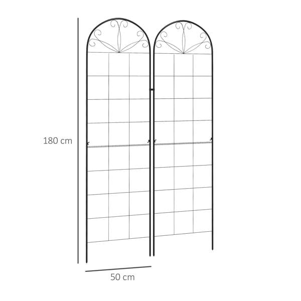 Black metal trellis set of 2 with arched tops, grid panels, and two stakes