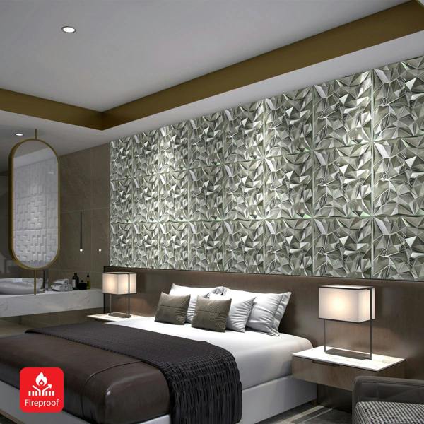 ENER-J 3D PVC Wall Panel, Faceted Diamond Design, Silver, Size: 500x500x1mm | Pack of 4