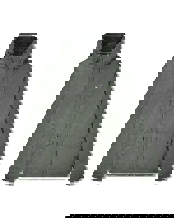 Lambretta Mens Padded Hooded Classic Badge Jacket Coat, green padded men's jacket with hood, front pockets, and Lambretta badge logo.