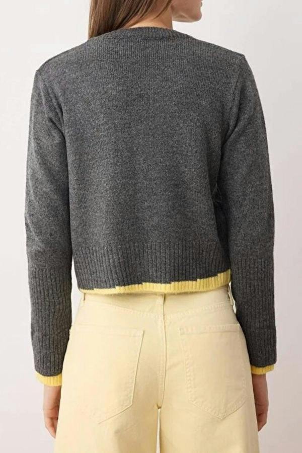 WOVCOR Crop Color Block V-Neck Soft-Textured Knit Cardigan