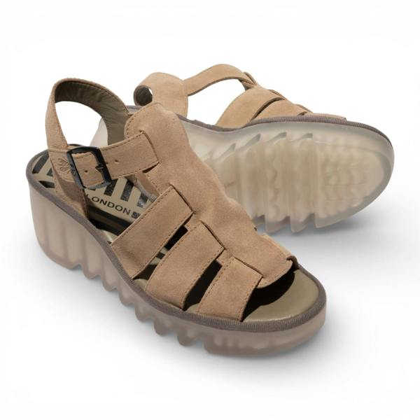Fly London Women's BAIC621FLY Taupe Suede Leather Wedge Sandals