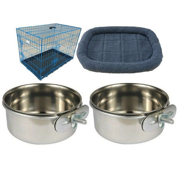 HugglePets Bundle - Dog Cage Blue / Pink - Sheepskin Bed & 2 Clamp On Bowls