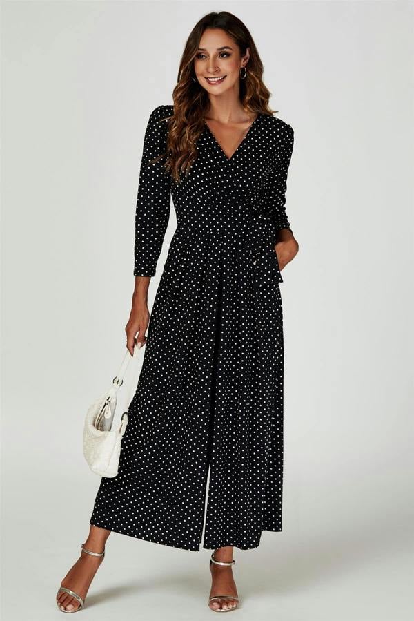 FS Collection Dot Print Wrap Top Jersey Jumpsuit In Black