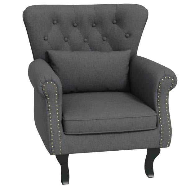 Dark grey Chesterfield-style accent chair with tufted back and nailhead trim