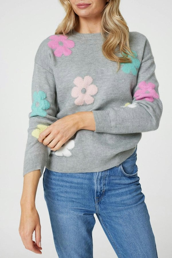 Grey | Floral Long Sleeve Knit Pullover