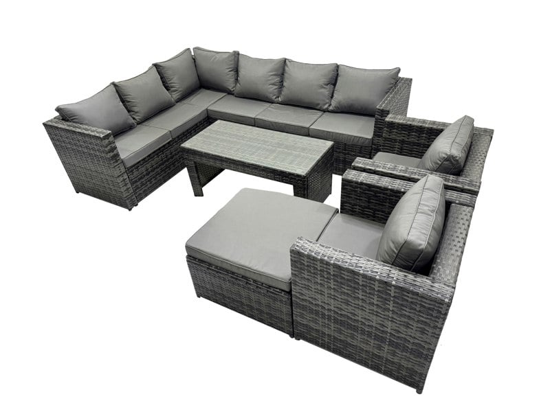 Fimous 6 Pieces Outdoor PE Rattan Garden Furniture Corner Sofa Oblong Coffee Table Set with Cushions Big Footstool Dark Grey Mixed