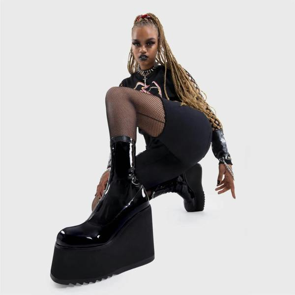 Lamoda Lights Out Black PAT Chunky Platform Ankle Boots Stylish Edgy Fashion