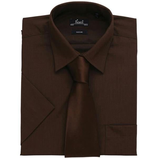 Premier Mens Short Sleeve Formal Poplin Plain Work Shirt - Brown