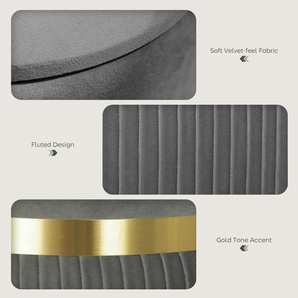 Grey ottoman fabric details: soft velvet-feel top, fluted ribbed sides, gold-tone band