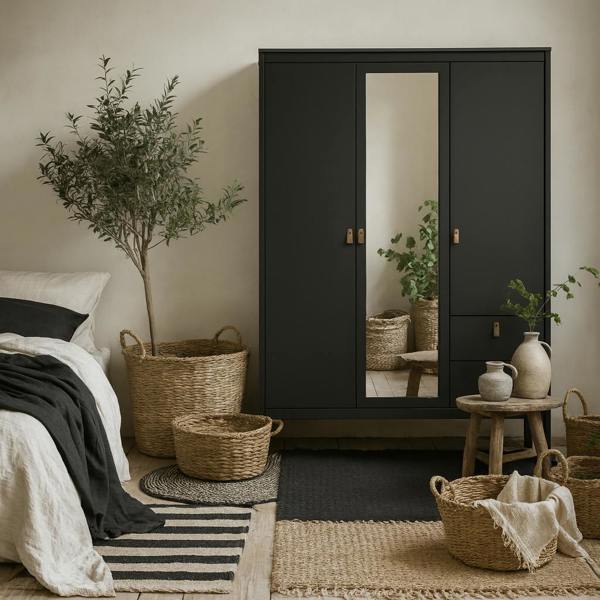 Wyld Haus Wildberry Matt Black Mirror Wooden Wardrobe 2 Doors 2 Drawers Leather Handles
