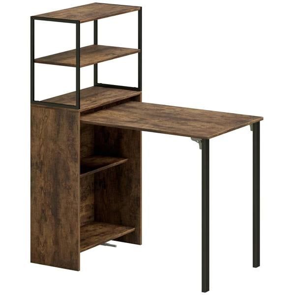 Brown wood folding work table with open shelf storage and dark metal frame