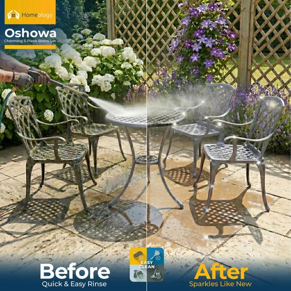 Homeology OSHOWA Luxurious Garden and Patio Table and 4 Large Chairs with Armrests Cast Aluminium Bistro Set - Grey with Black Cushions