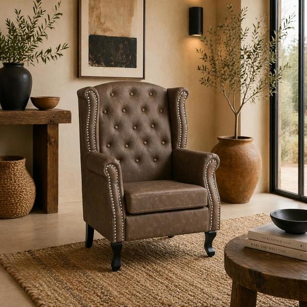 Wyld Haus Selato Fabric Brown Wingback Accent Chair With Chesterfield Style Tufting And Nailhead Trim