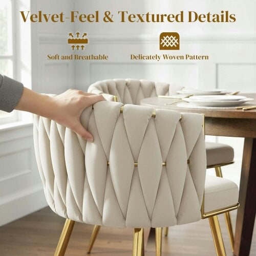 Wyld Haus Sosura Set Of 2 Cream Velvet Upholstered Dining Chairs With Woven Back And Armrests