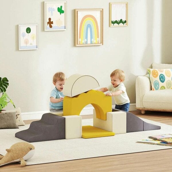 7 Piece Kids Soft Play Set with Detachable Cover, Baby Indoor Climb and Crawl Foam Toy for Toddlers, Yellow - Yellow