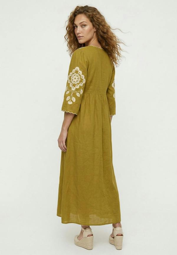 Raffya Arianna V- Neck Embroidered Maxi Dress In Chartreuse