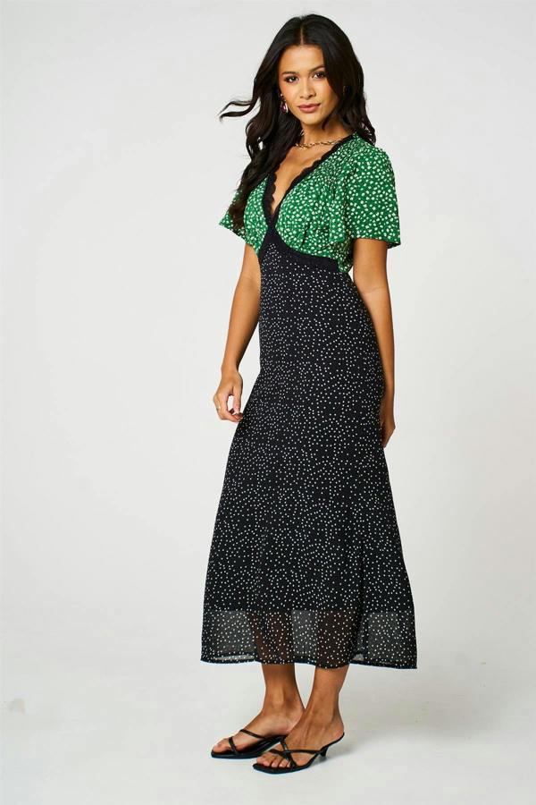 FS Collection Black Dot & Green Floral Print Angel Sleeve Maxi Dress
