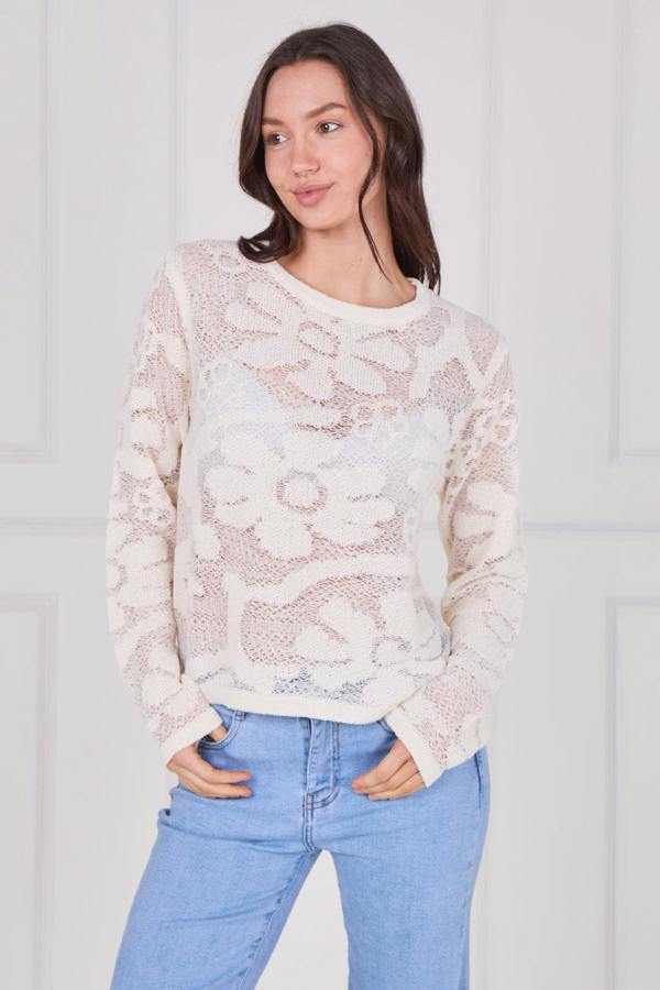 Model wearing a long sleeve crochet top with an open-knit pattern, styled with high-waisted jeans, featuring a relaxed fit and lightweight texture for casual everyday wear.