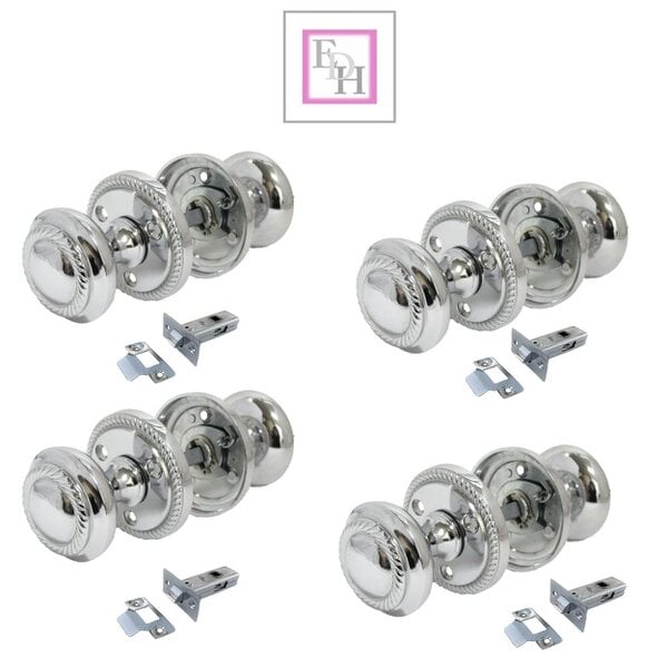 EDH Door Hardware Polished Chrome Georgian Round Door Knobs with Tubular Latch – 4 Pairs